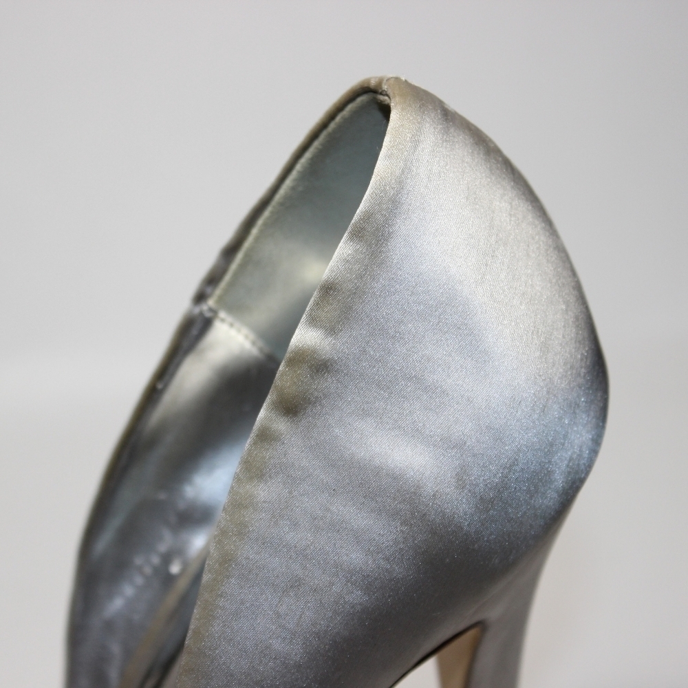 AUDREY Brooke Silver Satin Open Toe Heel with Ruffled Flower - Picture 5 of 12